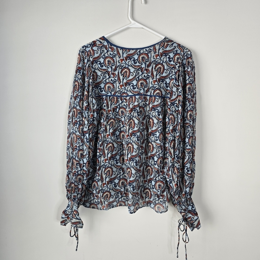 NWT Karina Grimaldi Eliza Long Sleeve Semi Sheer Blouse XS Blue Paisley Print - Picture 7 of 11